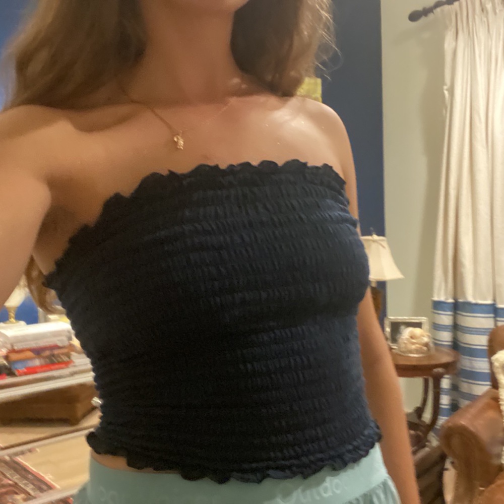 Vintage 90’s smocked lettuce-edge navy tube top fits sizes XS / S / M